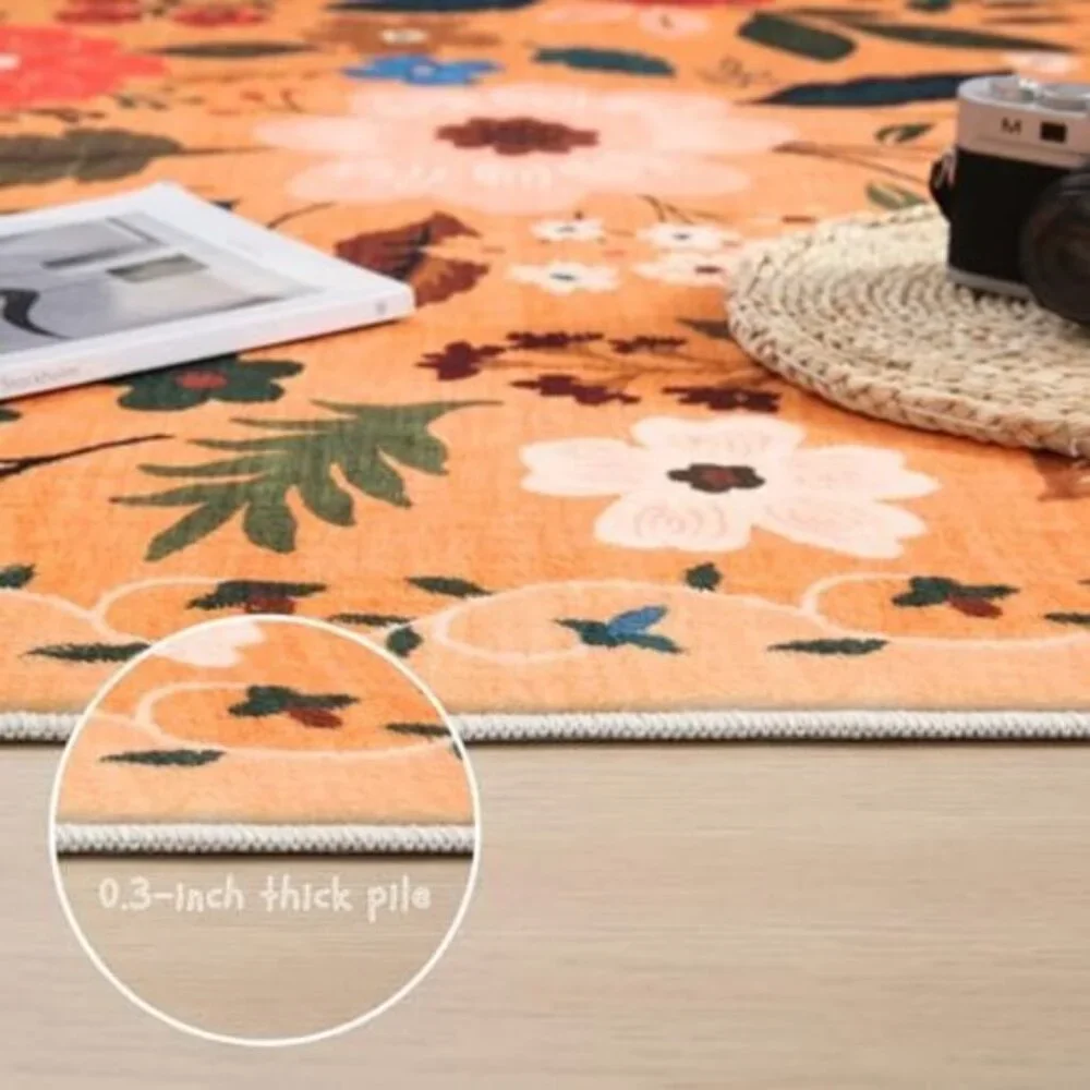 Nonslip 2 x 6 Yellow Washable Runner Rugs with Rubber Backing Soft Floral Carpet